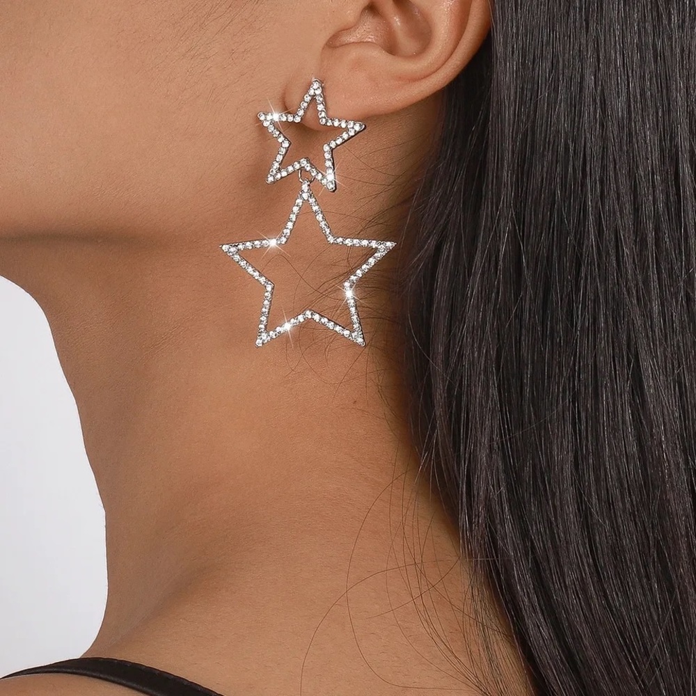 NWT Silver Rhinestone Double Star Statement Drop Earrings